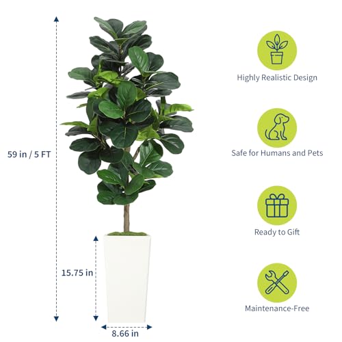 Artificial Fiddle Leaf Fig Tree - 5FT Fake Fig Tree in White Planter - Faux Ficus Lyrata Floor Plant for Home, Office, Living Room Decor - Realistic Fake Indoor Tree