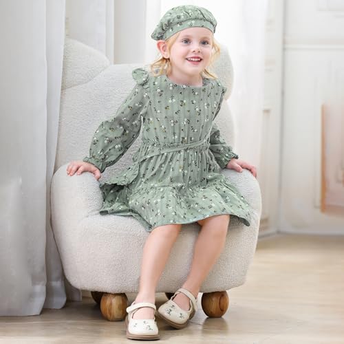 Toddler Girl Dress Kids Long Sleeve Ruffle Dresses Fall Winter Outfit Hat Bag Floral Girls Casual Playwear Dress3