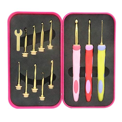 Ergonomic Crochet Hook Set; 12 Interchangeable Aluminum Heads Size 2.25mm to 7.75mm with 3 Soft