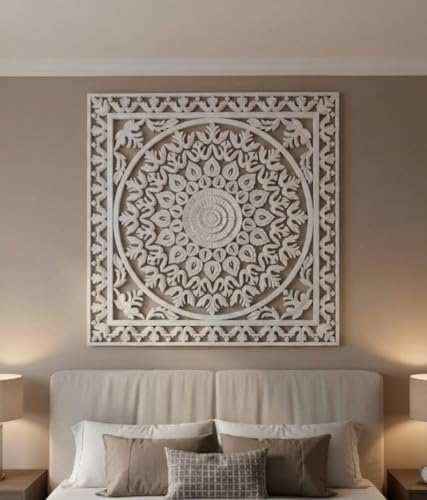 Image of Wall panel Floral MDF Wall Decoration Panel, Hanging Wood Carving Wall Decoration Panel for Living Room, Bedroom, Hallway, Office Wooden Wall Hanging Plaque, Wood Carving (Square White)