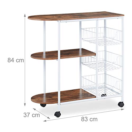 Relaxdays Chariot de Service, Cuisine,3 Supports, paniers, Industriel, métal et MDF, HlP 84x83x37 cm,Blanc,Brun, Acier, 1 élément - Image 5