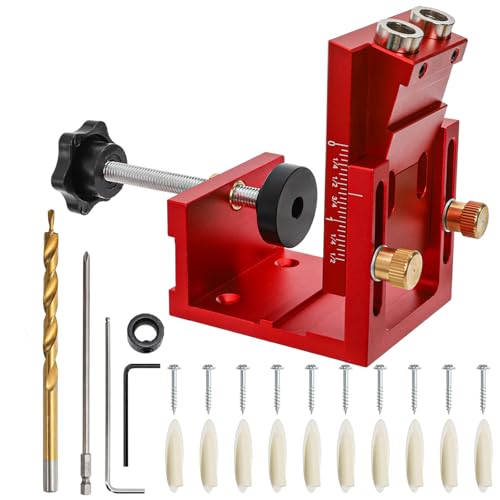 Image of Hiceeden Adjustable Pocket Hole Jig Kit, Aluminum Alloy Pocket Screw Jig Tools Set with 15 Degree Joint Angle, Portable 3 /8 Inch Hole System for Woodworking Hole Drill Guide, Red