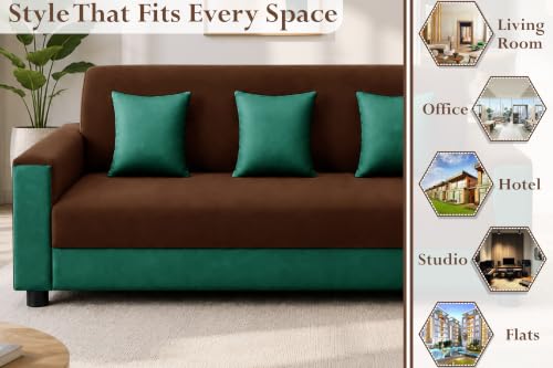 Image of 3 Seater Wooden Sofa | Velvet Fabric Couch with Cushions | Comfortable Living Room Sofa | Sturdy Wooden Frame | Home & Office Furniture | Brown & Green