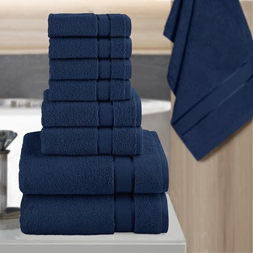 Image of Elegant Comfort Premium Cotton 8-Piece Towel Set, Includes 4 Washcloths, 2 Hand Towels and 2 Bath Towels, 100% Turkish Cotton - Highly Absorbent and Super Soft Towels for Bathroom, Navy