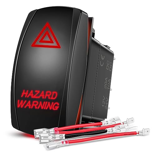 Nilight Hazard Warning Rocker Switch 5 Pin Laser On Off SPST switches 20A/12V 10A/24V Red LED Light Emergency w/Jumper Wires Set for Cars Trucks Boats ATVs UTVs RVs