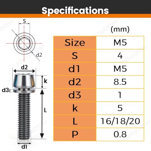 Image of 3 pcs M5 x 16 Titanium Allen Hex Bolts with Washer Screws & Wrench, for Bicycle Stems /Bike Handlebars /Brake Systems /Motorcycles /Camping Gear, Tapered Head Anti-Corrosion Fasteners(Natural Titanium)