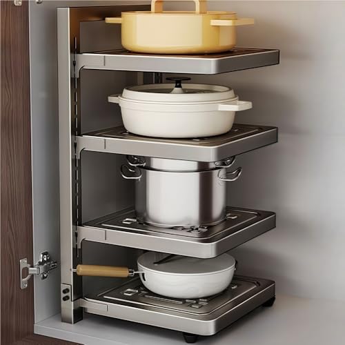 ADVEZO Large Under Sink Organizer 2 Tier Expandable Heavy Stainless Steel Shelf Adjustable Height for Under Kitchen Bathroom Sink Organizers and Storage (Large size: 4 panels 4 storage baskets)