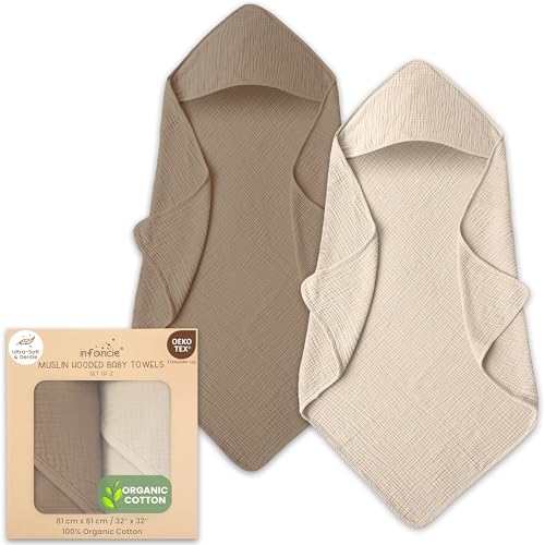 Image of infancie Organic Cotton Muslin Baby Hooded Towels - 32x32 Inch, 2 Pack Newborn Bath Towels for Boys & Girls, Soft & Absorbent Bath Set (Olive/Ivory)