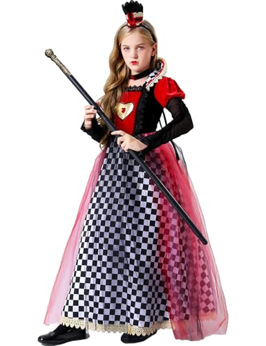 ZEXIGLAD Queen of Hearts Costume Kids Alice In Wonderland Girls Red Heart Queen Girls Halloween Costume Evil Fancy Dress Outfit with Crown Scepter 6-8Y Red Heart2 120CM