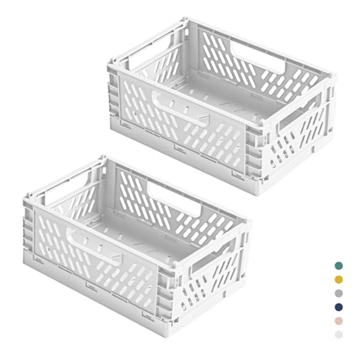 hautllaif 2 Stück Faltbare Kunststoff Aufbewahrungsbox, Einkaufskiste Klappbar, Stabil Klappboxen Faltbar für Küche, Büro, Schlafzimmer, Schrank, Schublade (Weiß, 22*14.7*9.3)