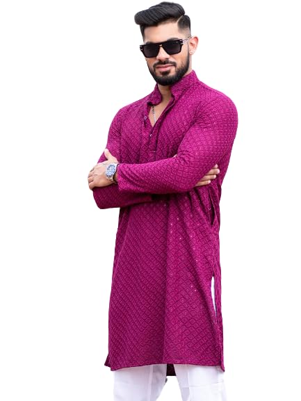 Image of Men's Floral Embroidered Cotton Rich Traditional and Lakhnavi Ethnic Wear Straight Partywear Kurta Set Pack Of 01.