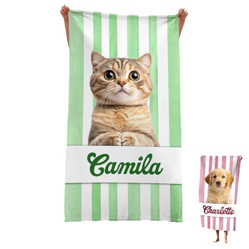 QINSHUI Personalized Custom Beach Towel, Custom Name Pet Photo Striped Beach Towels with Names, Oversized Quick Microfiber Cotton Dry Travel Beach Towel, Summer Gift for Pet Lovers/Owners