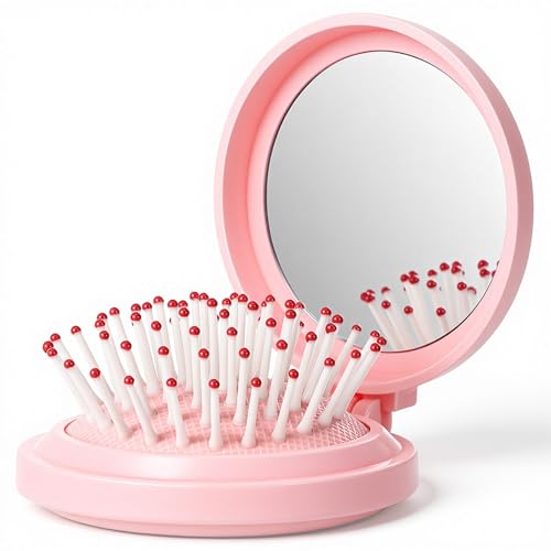 Mini Travel Brush for Women Folding Hair Brush Portable Mini Hairbrush with Mirror, Compact Pop Up Pocket Brushes, Small Travel Size Flip Brushes for Purse Girls Wet and Dry Hair, Pink