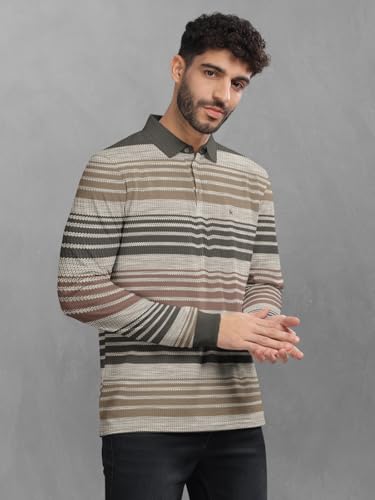 Image of BULLMER Striped Textured Printed Polo Neck Fullsleeve T-Shirt with Rib for Men