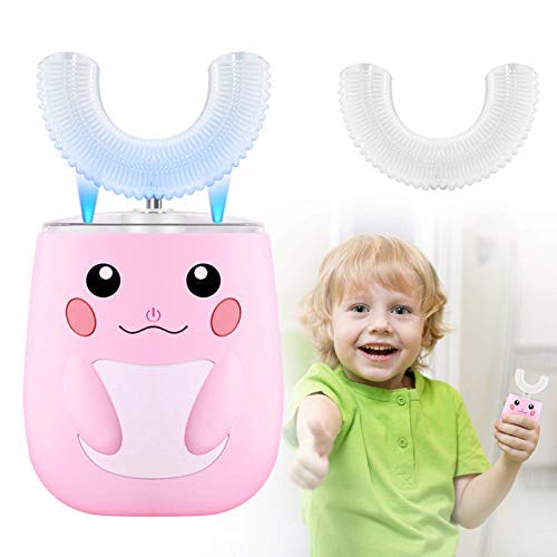 U-Shaped Kids Electric Toothbrush, Auto Toothbrush with 2 Brush Heads, 6 Gear Speed Mode and IPX7 Level Waterproof, Automatic Toothbrush for Kids(2~7 Years Pink)