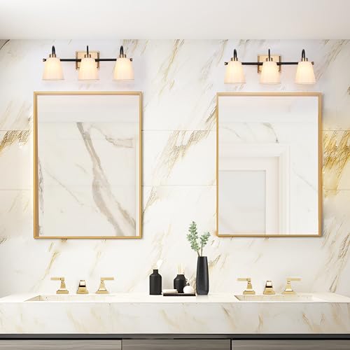 Image of KSANA Bathroom Wall Light Fixtures, 3-Light Gold Black Vanity Light with White Fabric Shades, Modern Vintage Wall Lamp Over Mirror for Powder Room, Hallway