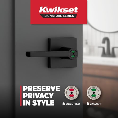 Image of Kwikset Halifax Vacant Occupied Bathroom Door Handle Lock, Privacy Door Lever with Indicator, Matte Black