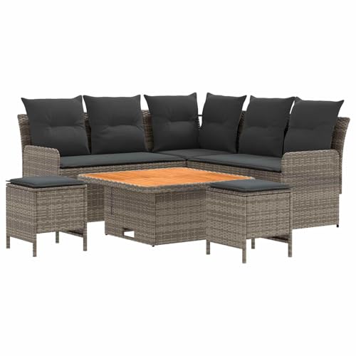 HETFTJN Salon de Jardin 6 Pièces en Résine Tressée Gris, Ensemble de Mobilier d'Extérieur avec Table Carrée et Coussins Amovibles, Coin Repas pour Patio...