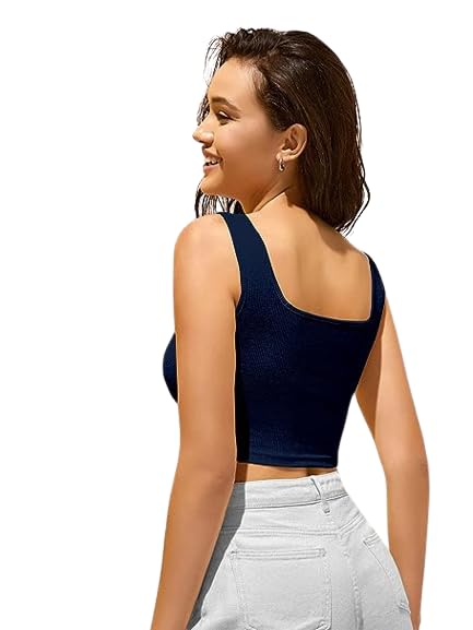Image of Ribbed Casual Wear Sleevesless Full Streachble Comfort fit Crop Tank Top /Tshirt for Women and Girls Navy Blue