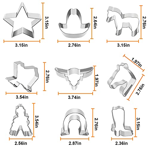 Juttira Western Themed Cookie Cutters, Texas, Cowboy, Hat, Cowboy Boot, Longhorn, Star, Horse, Horseshoe, Horse Head Shaped Stainless Steel Metal Molds For Making Biscuits Cake, 9 Pce Set #TOP1