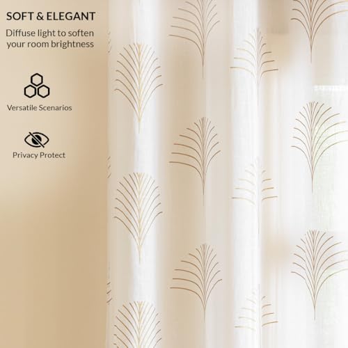 Image of HOMEMONDE Sheer Cotton Curtains 9 Feet Long Door - Luxury Gold Printed Single Piece Transparent Curtain, Hang with Rod Pocket Light Filtering Drapes - 108 Inches