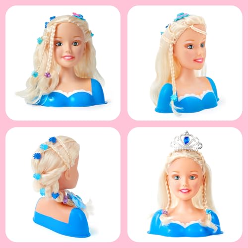52PCS Schminkpuppe Frisierkopf Kinder Puppenkopf mit Krone Haartrockner Glätteisen Haarnadeln Schminke Haarstyling Zubehör Hairdressing Kinderschminke Spielzeug Geschenk für Mädchen ab 3 4 5 6 Jahre