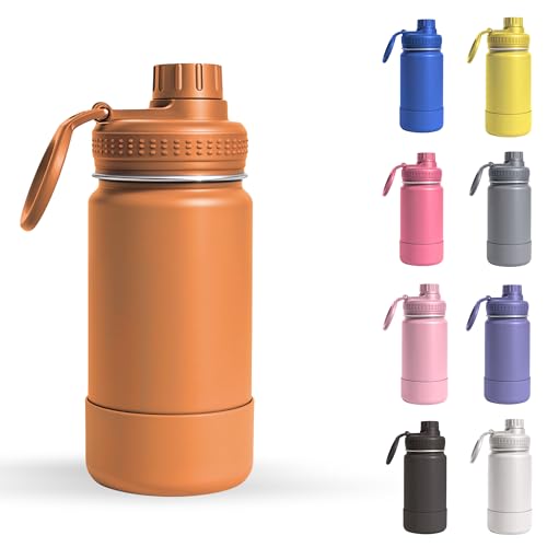 Garrafa Térmica Infantil - 350ml, Aço Inox 304 Parede Dupla de Isolamento 24horas Gelado, Tampa Rosca De Segurança, Anti Vazamento, Base Silicone AntiDerrapante, BPA Free (Laranja)