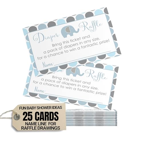 Blue Elephant Diaper Raffle Tickets - 25 Pack - Fun Baby Shower Game for Boys - Diaper Raffle Invitation Insert Cards for Prizes