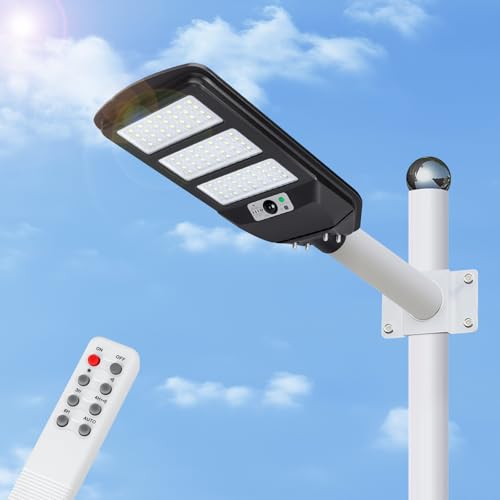 Aigostar - 100W Farola solar LED exterior con sensor de movimiento, mando a distancia, 1300LM luz blanca. Foco solar LED potentes con temporizador, impermeable protección IP65. No incluye soporte