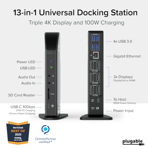 Image of Plugable 13-in-1 USB C Docking Station 4K Triple Monitor with 100W Power Delivery | USB C Dock for Windows, Mac, ChromeOS, Thunderbolt | Driver Required | 3X HDMI and 3X DisplayPort (UD-ULTC4K)