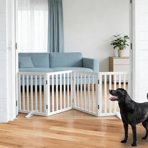 SFJC Dog Gate Indoor, Freestanding Dog Fence for The House, Doorways, Hallways,or Stairs,Pet Gate Foldable Wooden,Expandable 24" Height 4 Panels,White