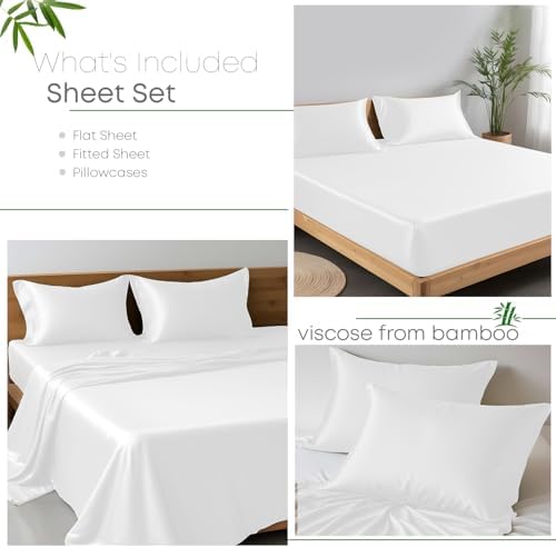 Linenwalas King Size Sheets Set, Rayon derived from Bamboo 4 Piece Bed Sheet Set, Cooling Silky Sheets, Soft, Moisture Wicking, 16” Deep Pocket Sheets (White, King) - Thumbnail 2