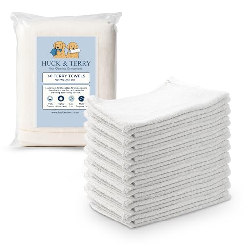 Terry Cloth Rags for Cleaning (60PCS), Bag of Rags White, 100% Cotton Bar Mop, Paint Cloth and Multipurpose, Kitchen, Auto, Staining, Lint Free Absorbent Washable Towel 15x18 in