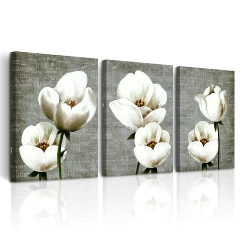 DZRWUBHS Modern Wall Decor - Canvas Wall Art for Living Room, Bedroom & Kitchen - Abstract Vintage Style White Flowers - 3 Piece Set