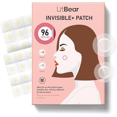 LitBear Pimple Patches, Invisible Acne Cover Patch, Hydrocolloid Acne Patches for Face with Salicylic Acid, Zits Patches for Acne, Bleimish, Pimple Stickers Acne Dots, 96 counts with 10 mm, 12 mm Cover