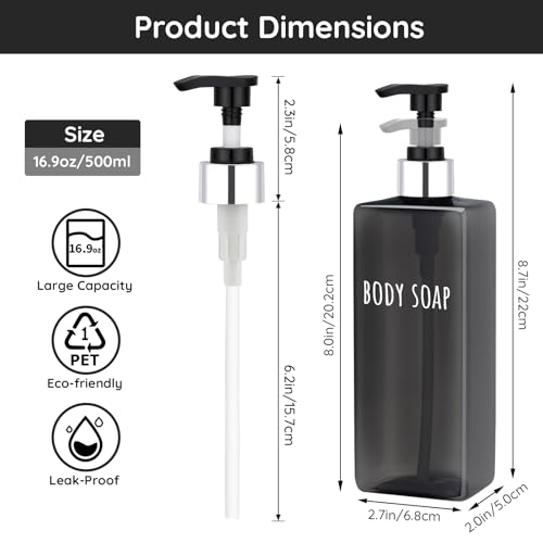 Image of Segbeauty 16.9oz Empty Black Hand Soap Dispensers, 3pcs Large Plastic Lotion Pump Bottle, Refillable Square Pump Bottles for Shampoo and Conditioner, 500ml Pre-printed Bathroom Body Wash Gel Container
