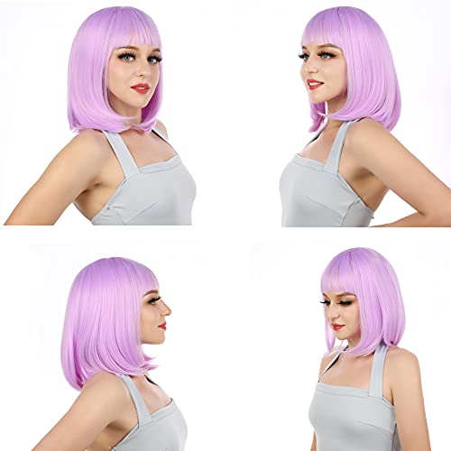 Enilecor Short Bob Hair Wigs 12" Straight With Flat Bangs Synthetic Colorful Cosplay Daily Party Wig For Women Natural As Real Hair+ Free Wig Cap (Lavender Purple) #TOP4