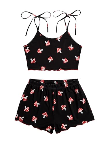 SweatyRocks Women's Summer Strawberry Print Cami Top and Shorts Sleepwear Pajamas Set Black and Red X-Large