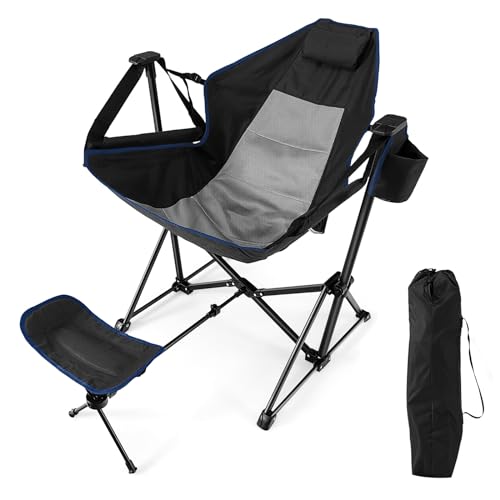 KOTEK Silla Hamaca, Silla de Camping Plegable con Reposapiés Retráctil, Respaldo Ajustable, Reposacabezas, Portavasos y Bolsa de Transporte, Mecedora para Exterior Patio Jardín Viajes Picnic Pesca (Negro)