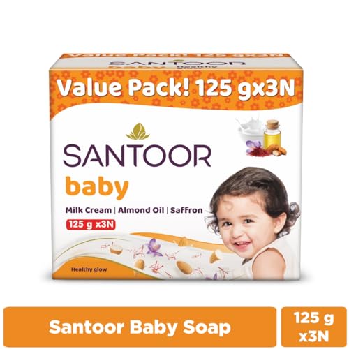 Image of Santoor Baby Bathing Bar Soap with Milk Cream, Saffron, & Almond Oil for Soft & Supple Skin| Gentle & Rich Lathering Formula with Mild Fragrance| 125gx3 (Pack of 3)