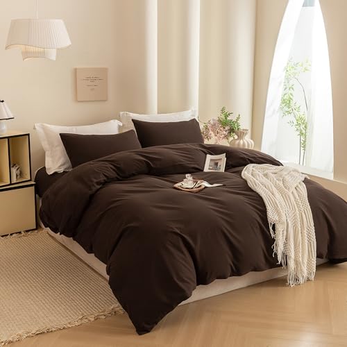 Image of ECOCOTT Duvet Cover King Size -100% Washed Cotton Linen Like Textured Breathable Durable Soft Comfy Bedding Set with Zipper Closure & Corner Ties (Cocoa Brown, 104 inchx90 inch)