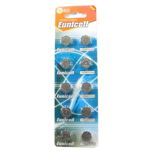 Eunicell Lot de 10 piles bouton alcaline pour montres AG13, G13, SR44, LR44, A76, V13GA, PX76A, 357