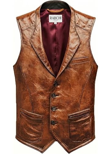 RABCHI Men’s Leather Vintage Vest - Genuine Lambskin Western Cowboy Waistcoat - Classic Club Style Leather Vest for Men (US, Alpha, X-Large, Regular, Regular, cognac brown wax vest)