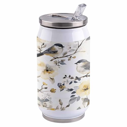 コーラカップ 田園 春 葉 花 小鳥 水墨 タンブラー ストローカップ 蓋付き ステンレス 魔法瓶 水筒 ボトル 車用 自宅用 携帯便利 直飲み 真空 保冷 保温 漏れ防止 通勤 贈り物 400ml