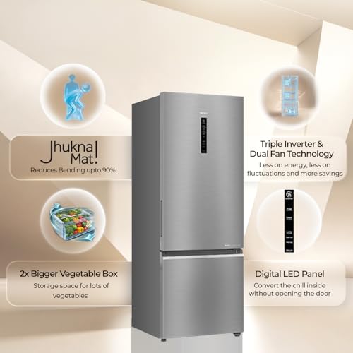 Image of Haier 445 L 1 Star Frost Free Triple Inverter Double Door Bottom Mount Refrigerator, Digital Touch Display & 2X Bigger Fresh Storage (HEB-451TSA-P, Inox Steel, 14 In 1 Convertible Modes, 2026 Model)
