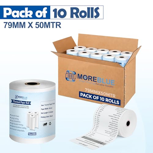 Image of MOREBLUE 3 Inch Thermal Paper Rolls (79mm x 50m, 55 GSM) | Ink-Free, BPA-Free Receipt Paper for POS Machine, Billing Machine & Credit Card Machine Pack 10