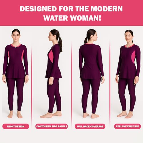 Image of Hacer Frock Style Swimwear with Padde Full Sleeve Bodysuit Swimming Costume Full-Length One Piece Swimsuit for Pool Beach Women (S, 32, Wine)
