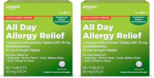 Image of Amazon Basic Care All Day Allergy, Cetirizine Hydrochloride Tablets, 10 mg, Antihistamine, 90 Count (Pack of 2)