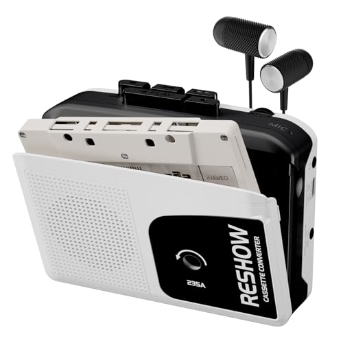 Reshow Lecteur de Cassettes Portable Microphone et Haut-Parleur Intégrés, Convertisseur USB Cassette-MP3, Enregistrement Inversé sur Bande, Magnétophone...
