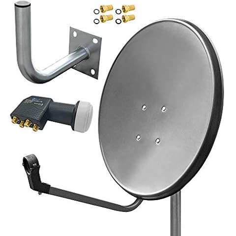 60 cm HD Sat Anlage Quad LNB Digital + Wandhalter 25 cm + 4X F-Stecker 4 Teilnehmer Antenne Grau UHD 4K Cover